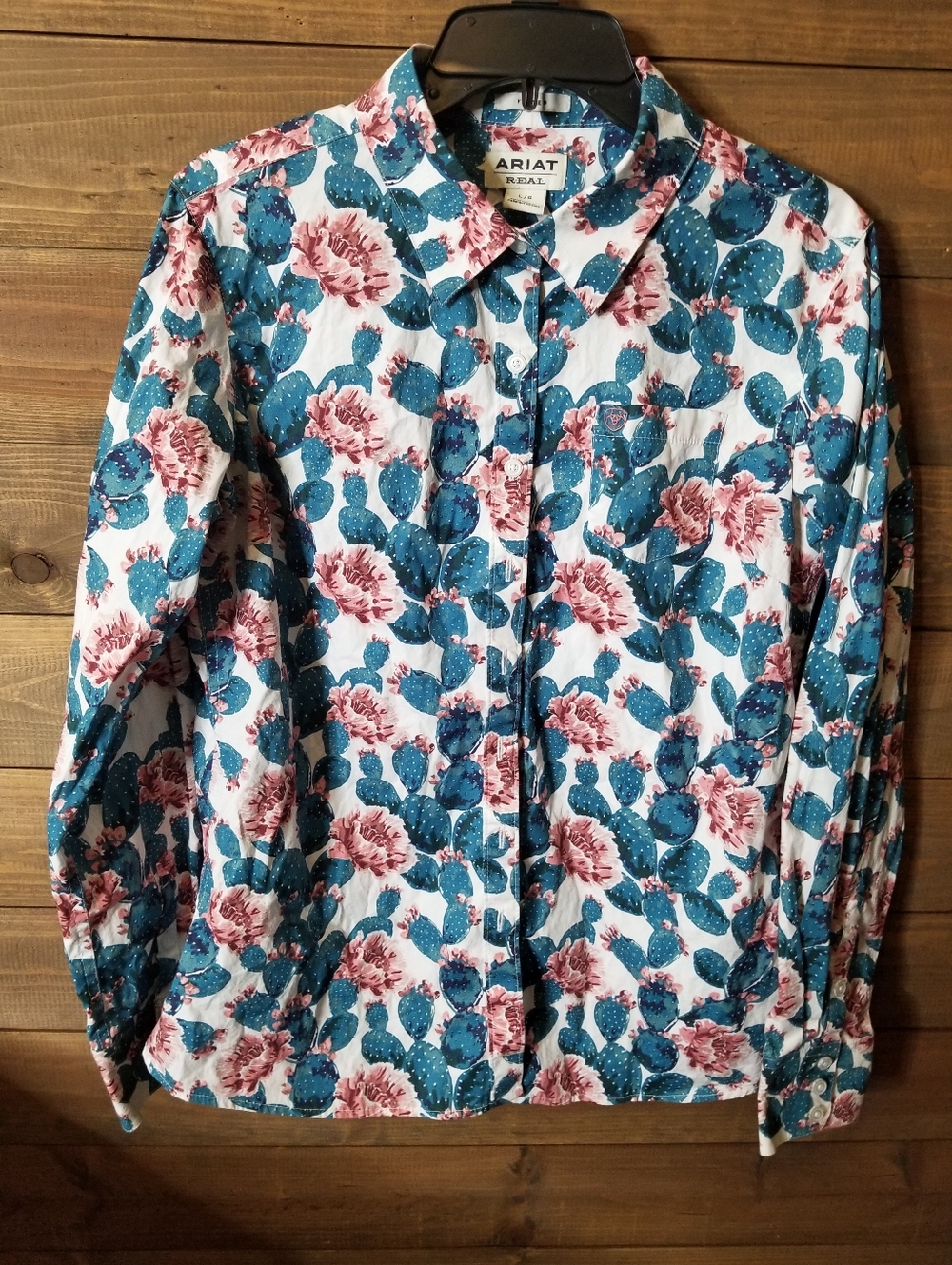 Ariat Kirby Stretch Fitted Cactus Floral Rodeo Shirt Sz L Teal & Rose